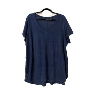 Tahari Linen Top Womens 1X  Blue Short Sleeve Tank Top V Neck LoganLook Boho